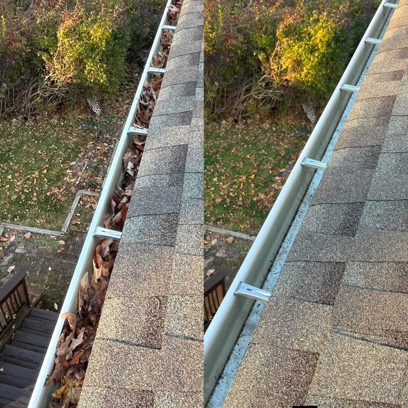 Side-by-side comparison of a house gutter; left side filled with dry leaves, right side clean and empty. Bushes and fallen leaves visible below.