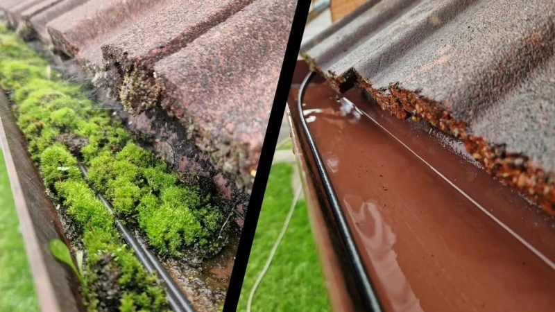 Close-up split image of a gutter before and after cleaning. The left shows a moss-covered gutter; the right shows clean, clear water. The mood is fresh and satisfying.