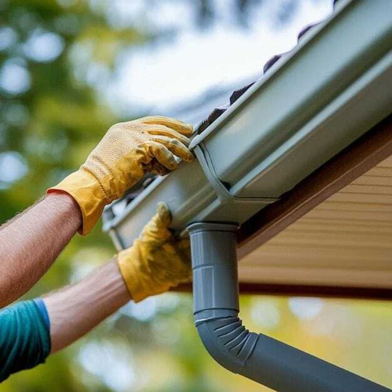 A person wearing yellow gloves adjusts a gray rain gutter on the edge of a building roof. The scene suggests maintenance or repair work on a sunny day.