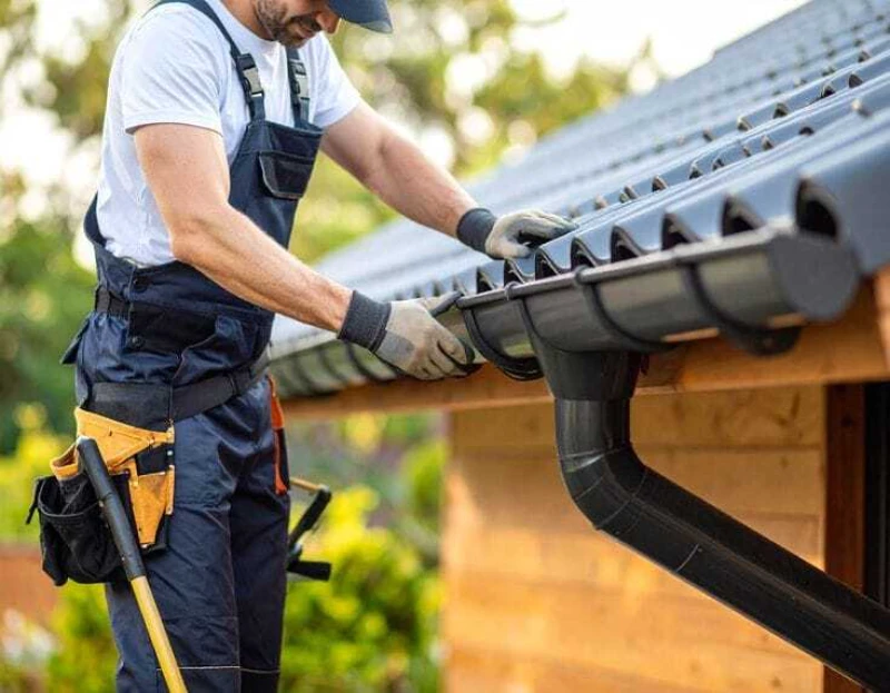Man in work uniform fixing a roof gutter on a sunny day. He wears gloves and has tools in his belt. The background shows green foliage.