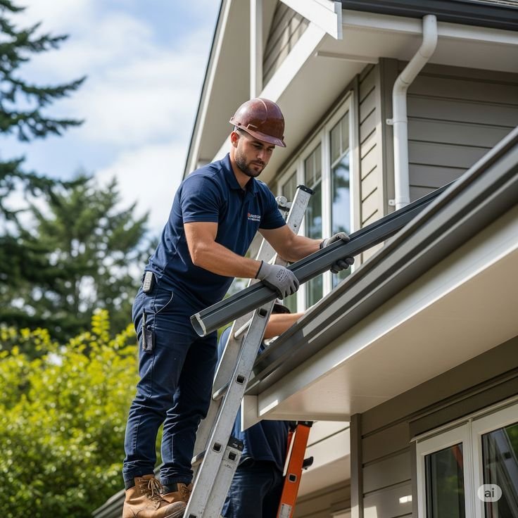 A man in work gloves and a tool belt uses a drill on a ladder to repair roof gutters. He's focused, with a garden and house in the background.