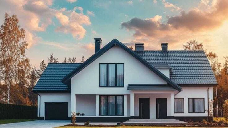 Modern white house with a dark gray roof, large windows, and a single garage. It's set against a sunset sky with soft clouds, conveying a serene mood.