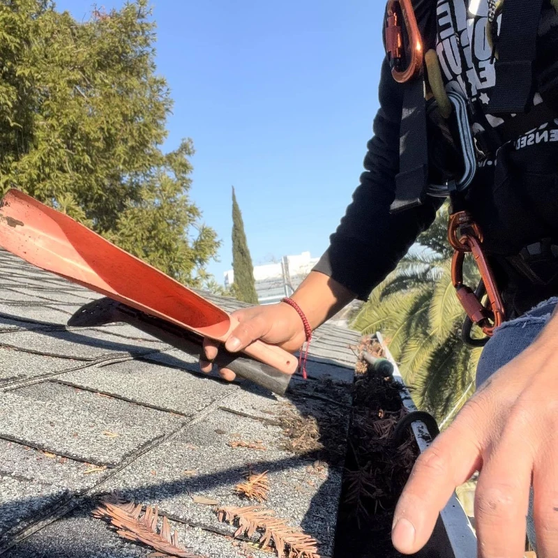 A person cleaning a roof gutter with a red scoop, surrounded by fallen leaves. They're wearing a safety harness. Trees and clear sky in the background.