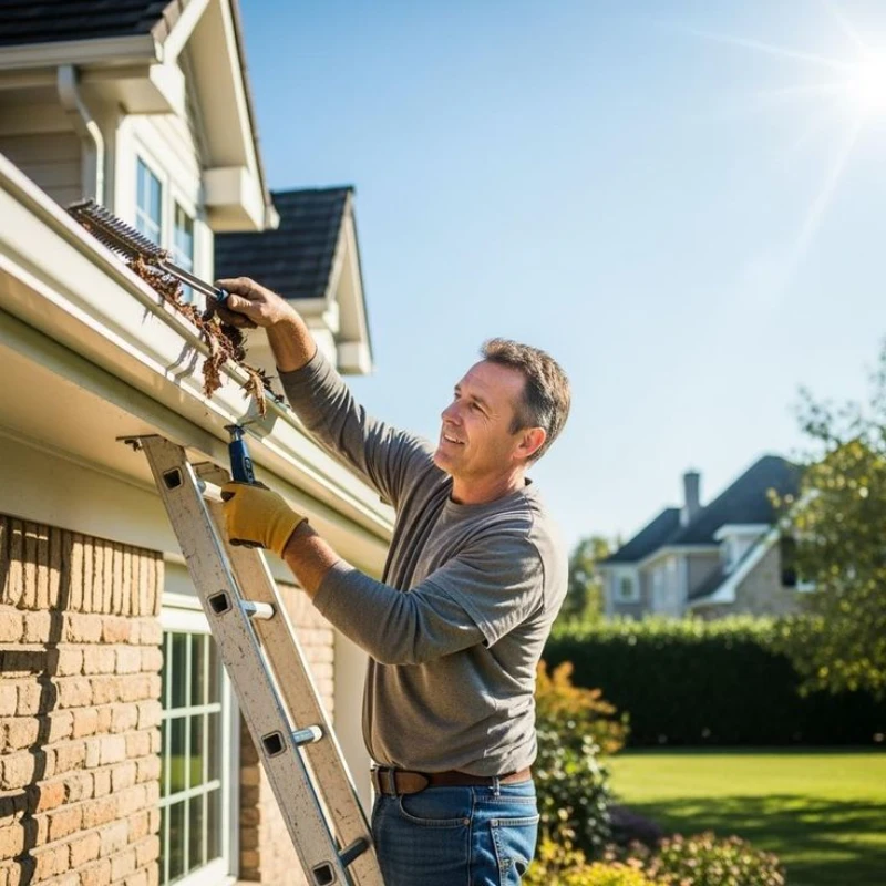 A man in a gray shirt and gloves cleans leaves from a house gutter while standing on a ladder. The sunny day and houses create a cheerful mood.