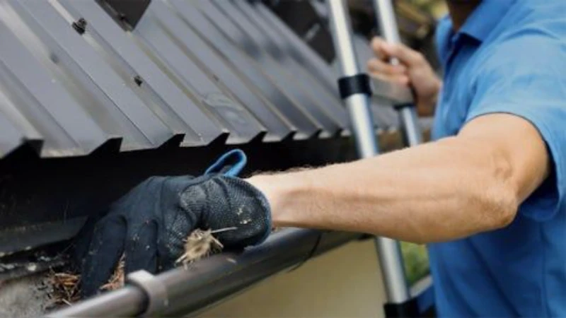 A person wearing a blue shirt and black gloves cleans debris from a metal roof gutter while on a ladder, conveying a sense of maintenance and cleanliness.