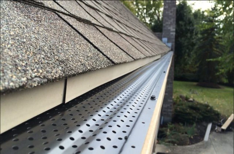 A close-up view of a house roof with asphalt shingles and a metal gutter guard installed, with a garden visible in the background.
