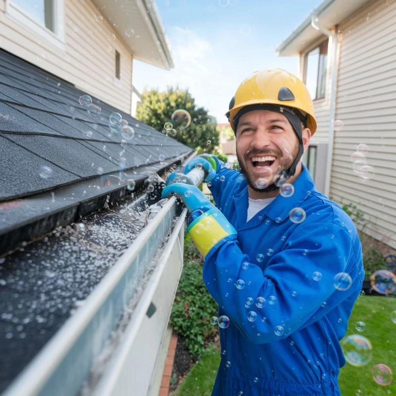 Smiling worker in blue coveralls and yellow helmet cleans roof gutters using a hose. Soap bubbles float around, creating a playful atmosphere.