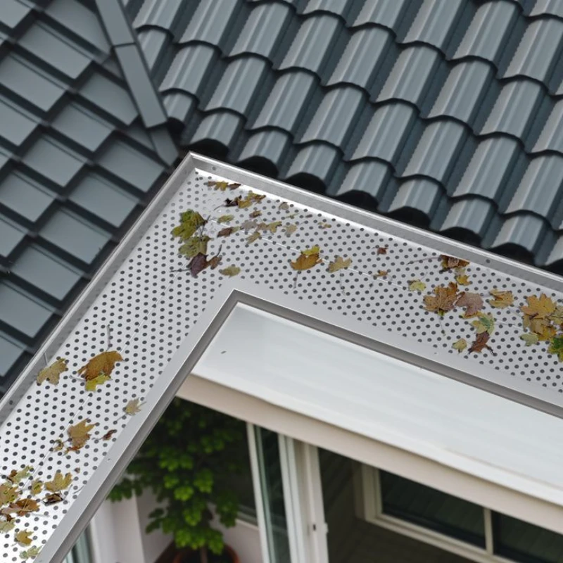 Close-up of a grey roof with metal gutter guards partially covered in fallen leaves. Below, a partially visible skylight and greenery evoke an autumnal feel.