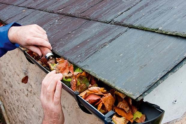 A man rakes leaves from a gutter, clearing debris to maintain the cleanliness of the area.