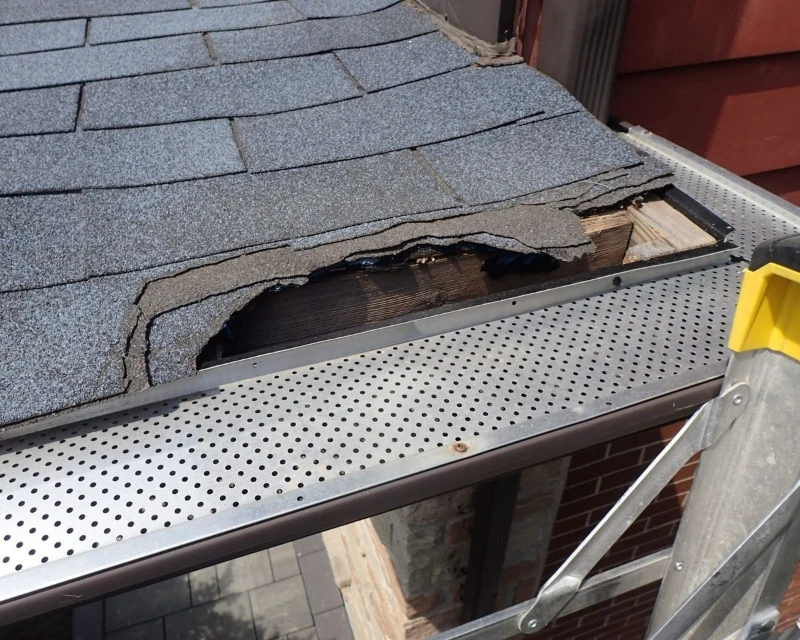 Damaged roof with missing shingles exposing wood beneath, next to a perforated metal gutter, viewed from a ladder. Suggests need for repair.