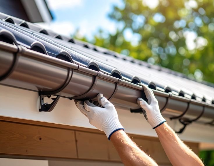 A worker on a ladder attaching a gutter to a roof, focused on ensuring proper installation and alignment.