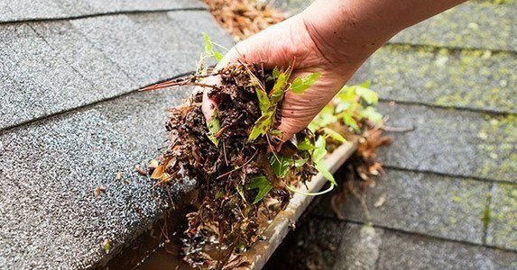 A person using a rake to clean debris from the roof of a house on a sunny day. Why Gutters Get Clogged
