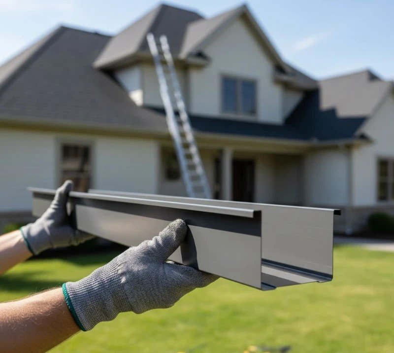 Hands in gloves hold a metal gutter section in the foreground, with a ladder leaning against a two-story house on a sunny day in the background.
Gutter Repair Pittsburgh