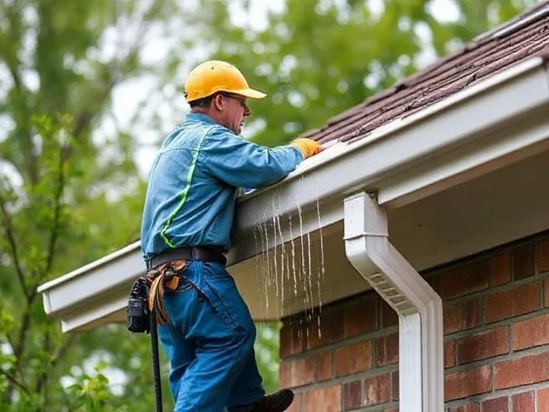 Worker wearing a yellow hard hat cleaning roof gutters with water dripping from the edge of a brick house.