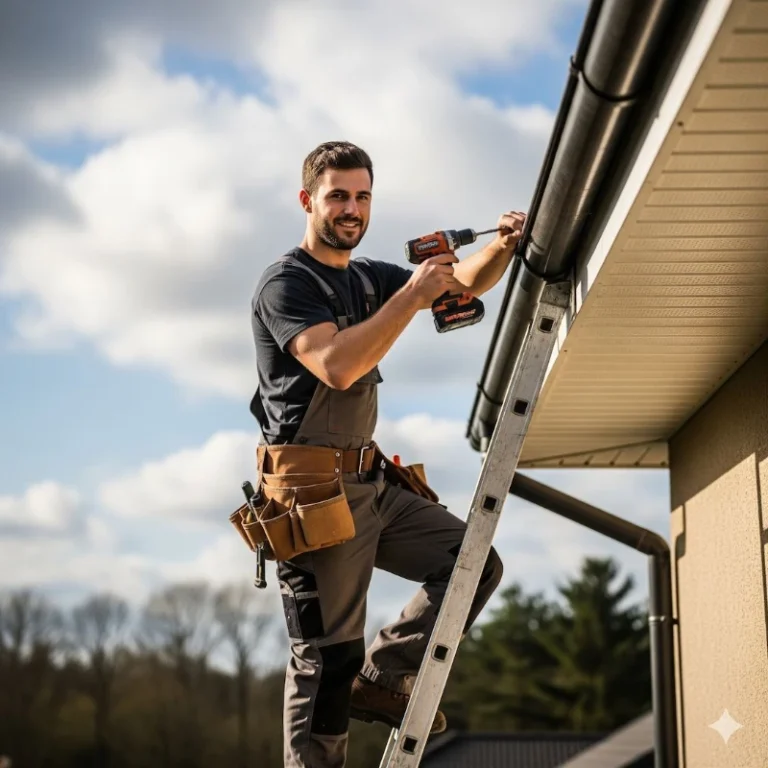 A man in work overalls stands on a ladder, smiling while using a drill to fix a gutter under a blue sky with clouds. He appears focused and content. How Much Does Gutter Repair Cost in 2026?