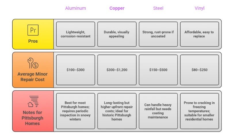 Table comparing materials: Aluminum, Copper, Steel, Vinyl. Pros, repair costs, and notes for Pittsburgh homes shown.
How Much Does Gutter Repair Cost?
Infographic