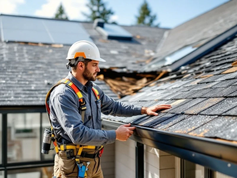 A construction worker in a helmet inspects a roof with solar panels. He wears a safety harness and examines shingles. Bright, professional setting.