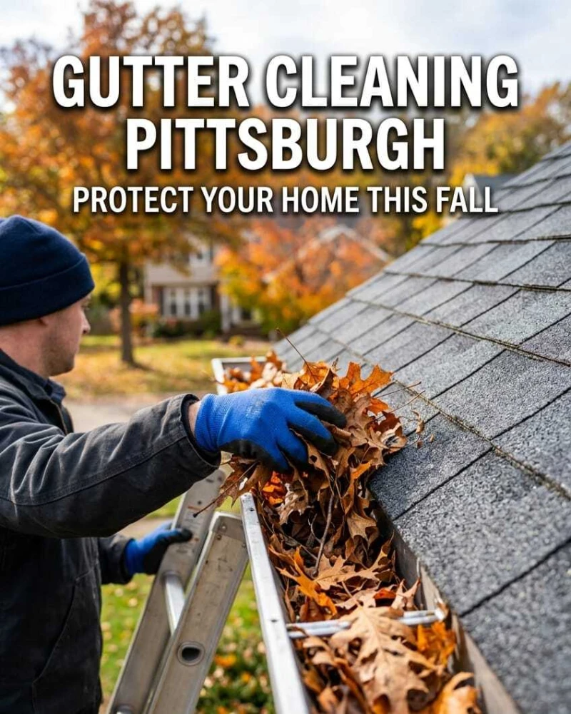 A person in blue gloves clears autumn leaves from a house gutter. Text reads "Gutter Cleaning Pittsburgh: Protect Your Home This Fall" against a fall backdrop.