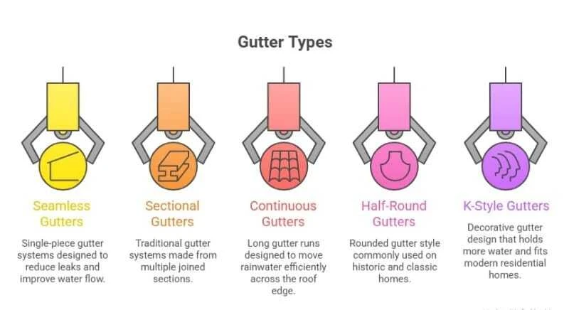 Illustration showing five gutter types: seamless, sectional, continuous, half-round, and K-style. Each type is represented by a colored icon and brief description.