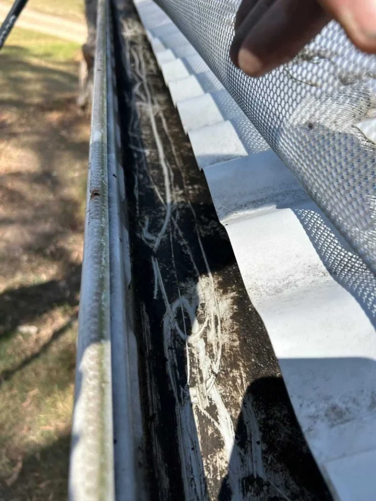 View of a rooftop gutter showing leaves and debris partially covered by a mesh guard. A hand holds the mesh, revealing the dirt beneath in sunlight.