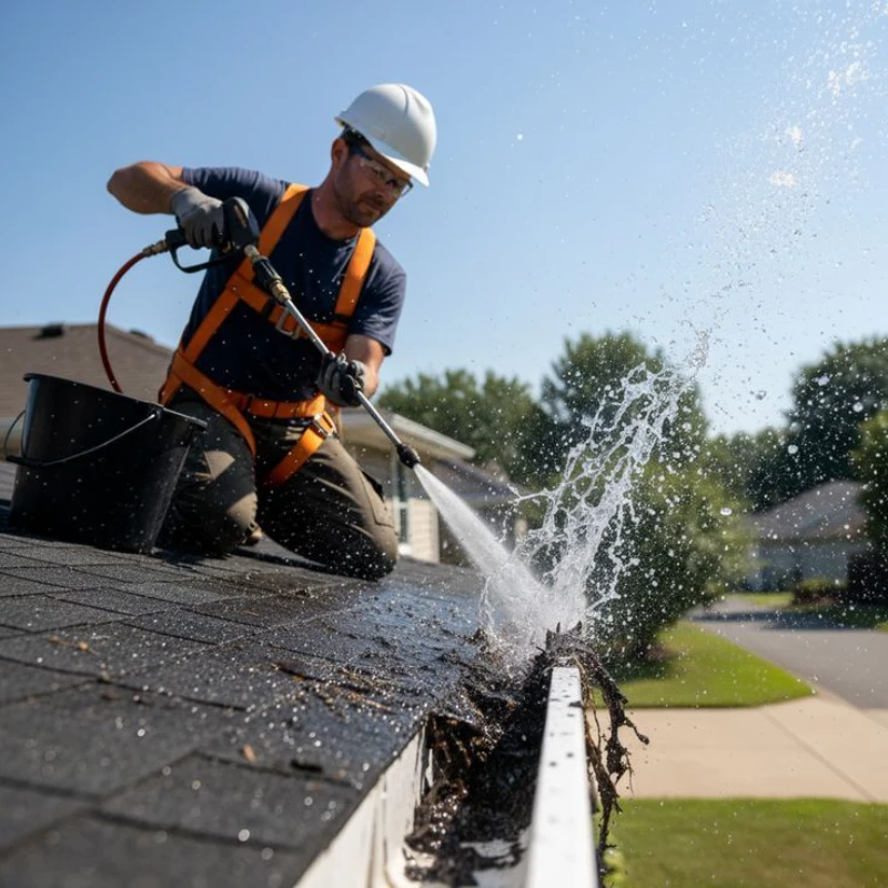 A worker in safety gear power washes a house roof gutter, causing water and debris to splatter, under clear blue skies. Surrounding trees create a serene backdrop.