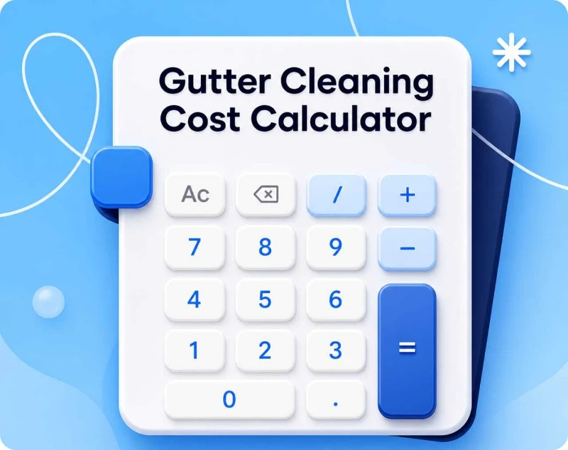 Laptop displaying a Gutter Cleaning Cost Calculator Pittsburgh with a numeric keypad interface. The estimated total cost shown is $275.00 on a light blue background.