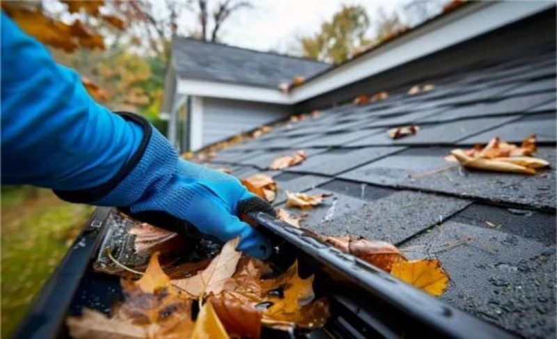 A person in blue gloves clears fallen autumn leaves from a home gutter on a roof. The scene conveys maintenance and preparation for seasonal change. Gutter Cleaning Pittsburgh