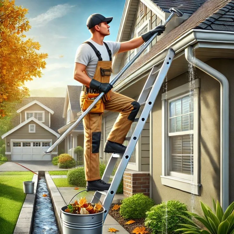 Man cleaning gutters on a ladder beside a house on a sunny autumn day. Leaves fill buckets nearby, and water flows from the gutter.
