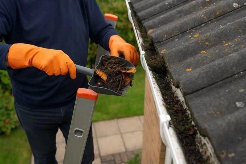 A person wearing orange gloves stands on a ladder, scooping leaves and debris from a house gutter. The grey roof is slightly weathered, indicating regular maintenance. Local gutter cleaning Ross Township, PA