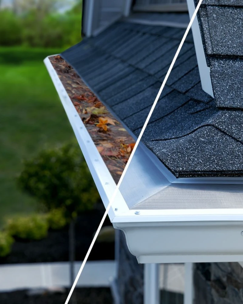 Split image showing a gutter: left half clogged with leaves, right half clean with a guard. Represents a before-and-after of gutter maintenance.