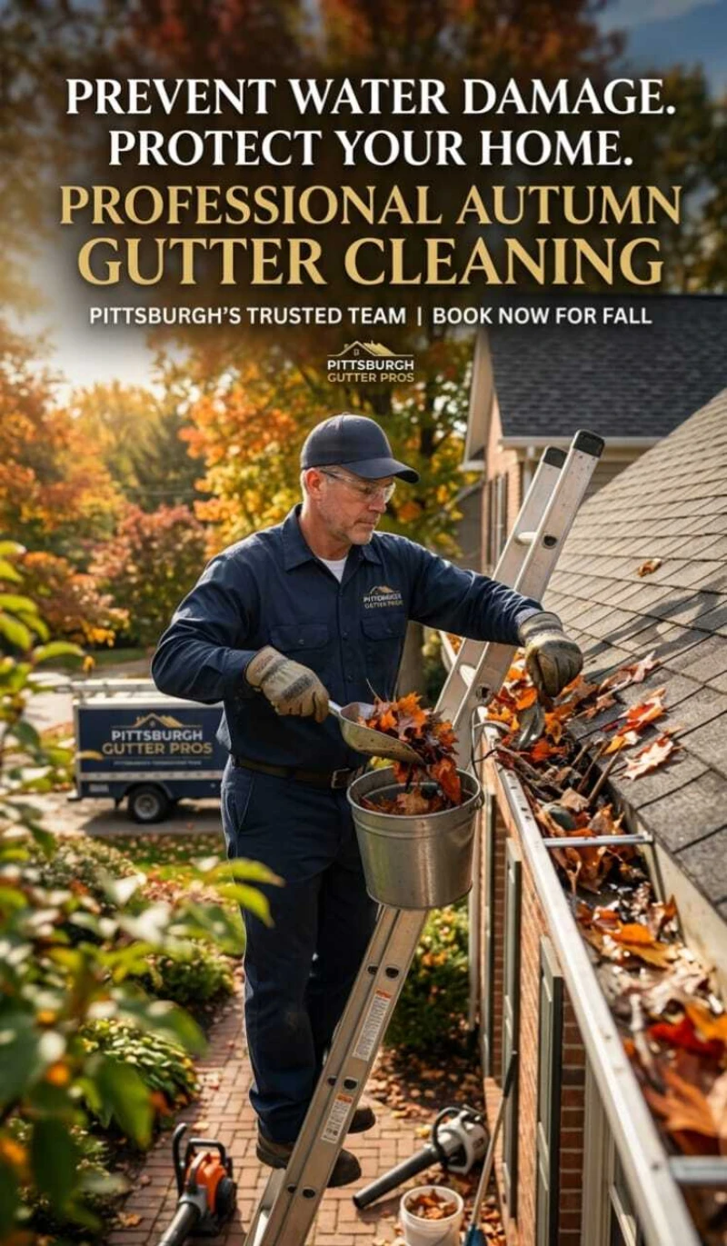 A professional cleaner removes autumn leaves from house gutters using a ladder. Text highlights the importance of preventing water damage. Warm, autumnal setting.