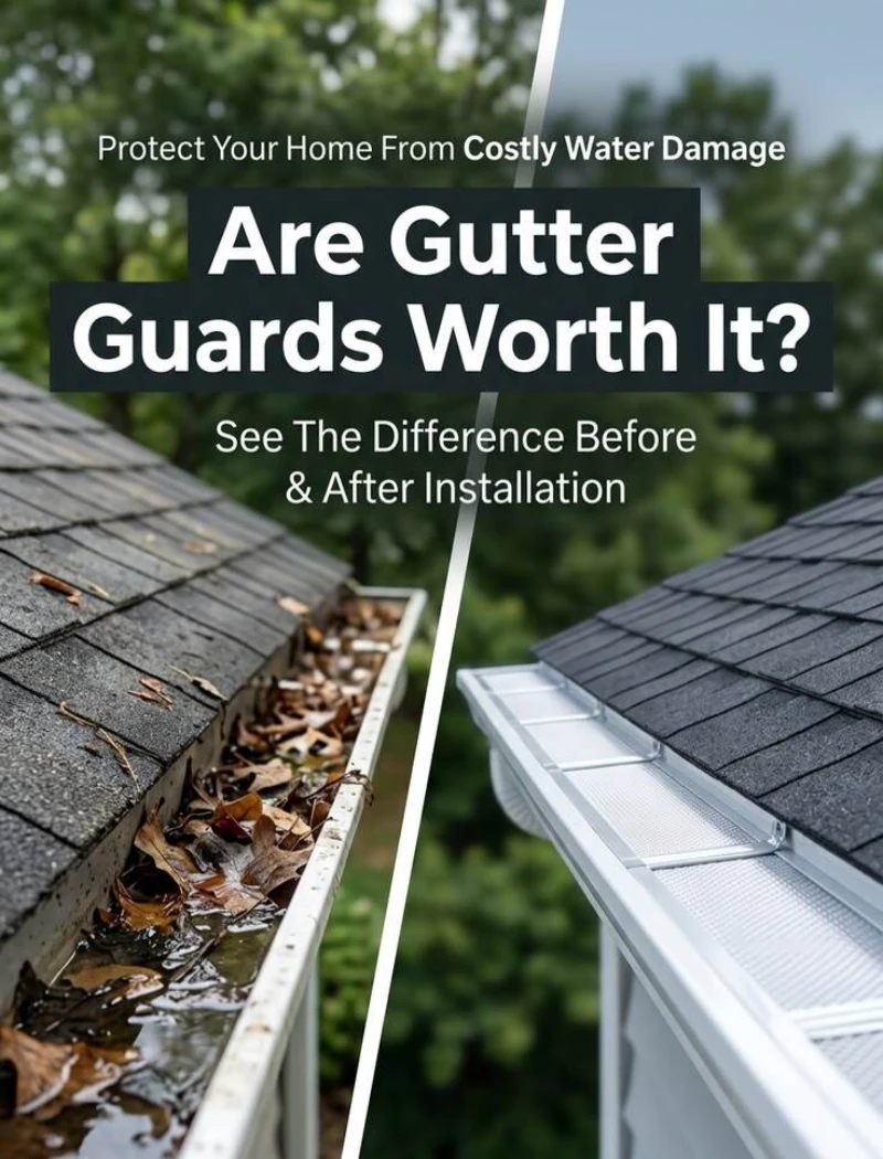 Split image showing gutters: left, clogged with leaves and water; right, clean with gutter guard. Text: "Are Gutter Guards Worth It?" on a leafy background.