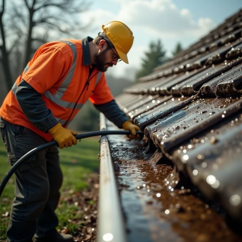 A worker in an orange safety vest and yellow hard hat cleans a roof gutter with a hose. The scene is outdoors and sunny, conveying a sense of diligent maintenance.