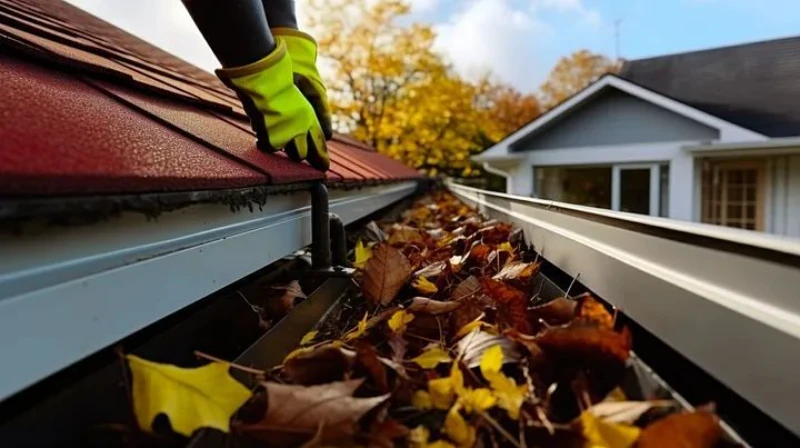 A person wearing yellow gloves cleans autumn leaves from a house gutter. The background shows a house and colorful trees, indicating a fall setting. gutter cleaning Wilkinsburg PA
