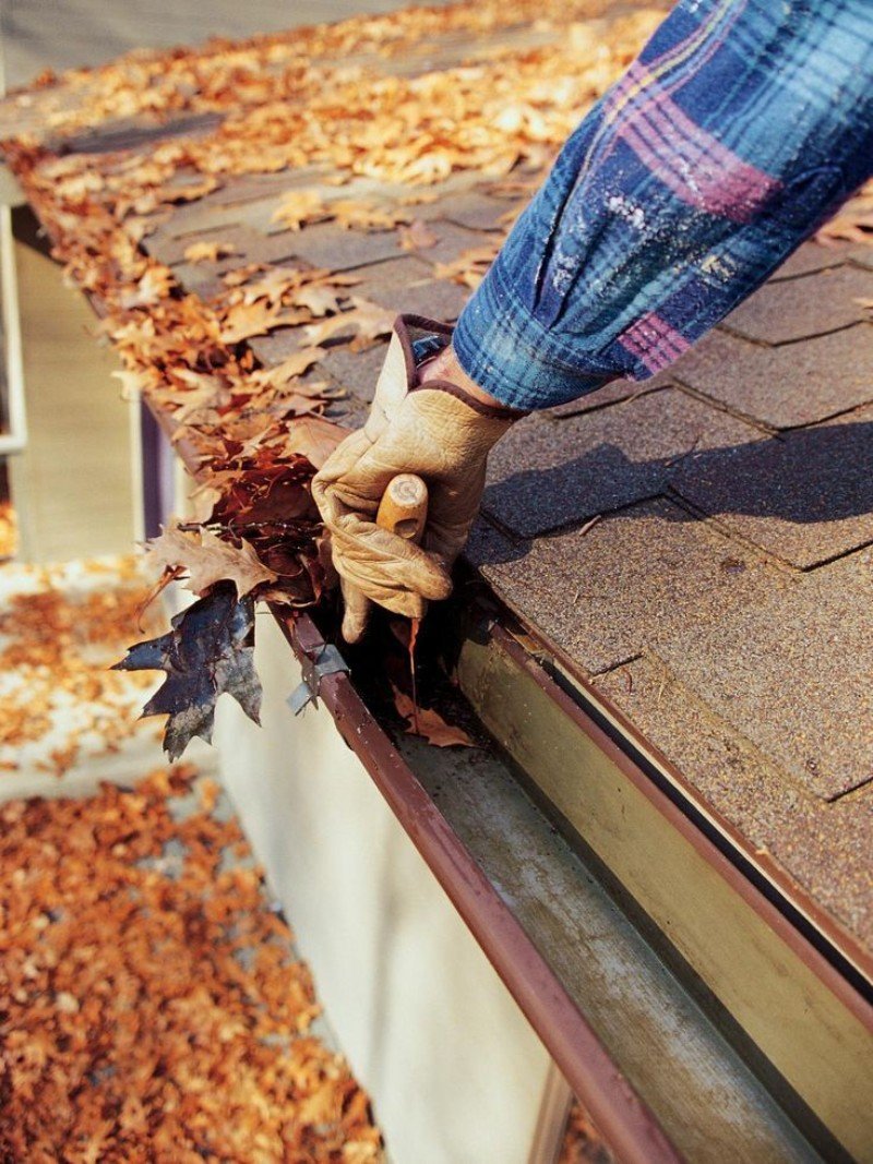 Gloved hand cleaning leaves from a gutter on a shingled roof. The scene is filled with autumn leaves, creating a seasonal and practical task tone.