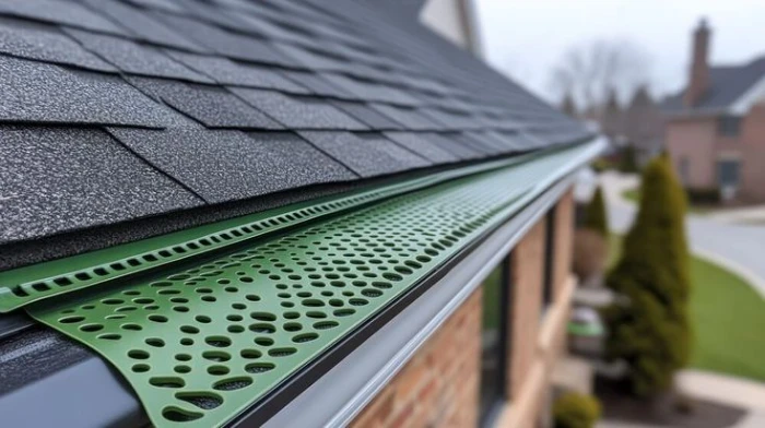 Close-up of a house gutter with a green, perforated leaf guard installed under dark shingles. The background shows a suburban neighborhood setting. What Do Roofers Say About Gutter Guards in Pittsburgh?
