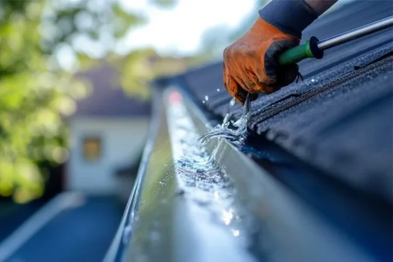Can Blocked Gutters Cause Roof Leaks? Professional cleaning a residential gutter to prevent water backup and roof damage.