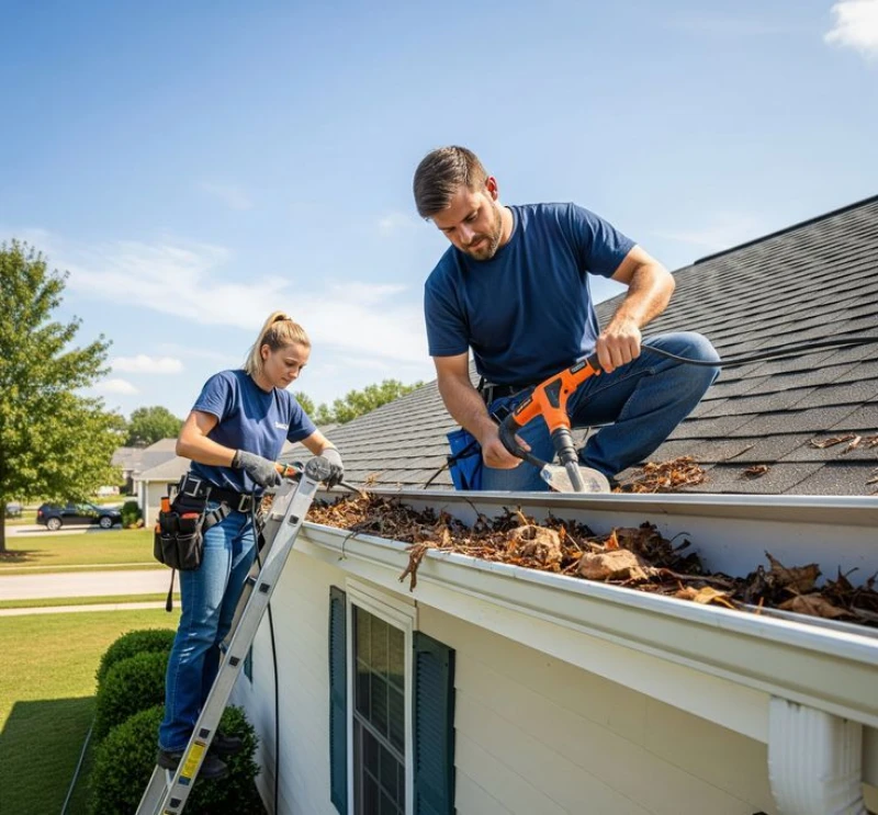 Two service workers in matching blue shirts and tool belts clearing dry leaves from a home's white gutter system. A man crouches on the shingled roof using an orange power tool, while a woman assists him while standing on an aluminum ladder.