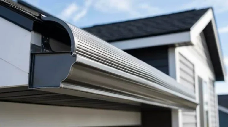 Close-up of a modern grey seamless gutter system on a house with a dark shingle roof against a blue sky. How Much Are New Gutters on a 1,500 Square Foot Pittsburgh House?