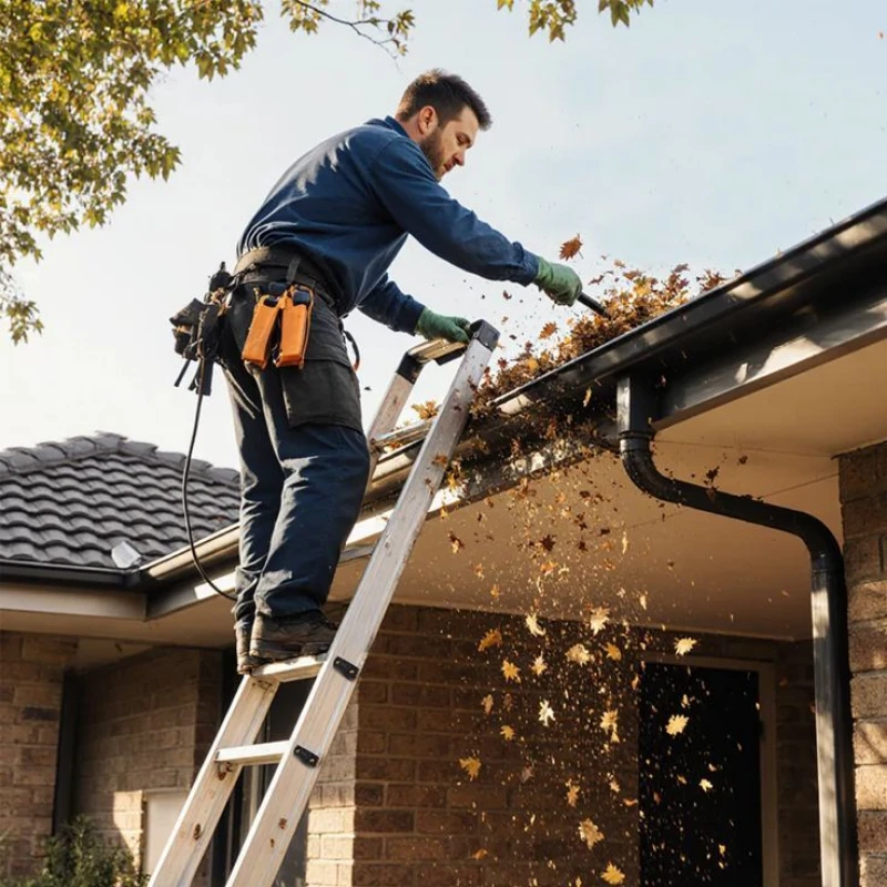 A home service technician standing on an aluminum extension ladder cleans out a clogged gutter on a brick house, sending dry autumn leaves showering down to the ground.