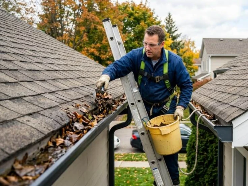 A home service technician wearing safety glasses, gloves, and a safety harness stands on an extension ladder, using a small scoop to remove wet autumn leaves from a clogged residential gutter and placing them into a yellow bucket.